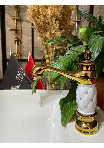 İsaoğlu Yapı Gold Lavabo Bataryası Altın Lavabo Musluk Taşlı Özel Tasarım Altın Batarya Gold