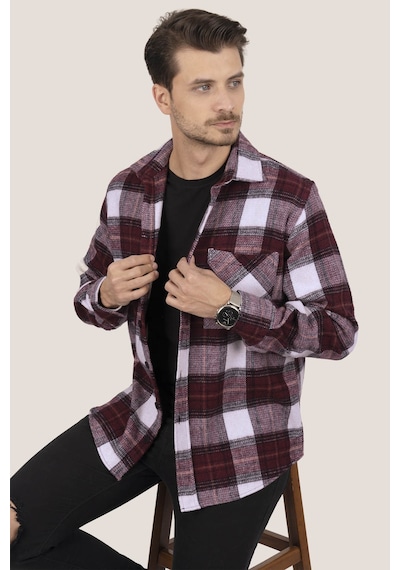 Kiraz Beyaz Geçişli Oversize Oduncu Erkek Gömlek + Kutulu Beyaz
