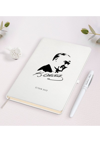 Kişiye Özel Atatürk Temalı Beyaz Defter ve Kalem Seti-26 Beyaz