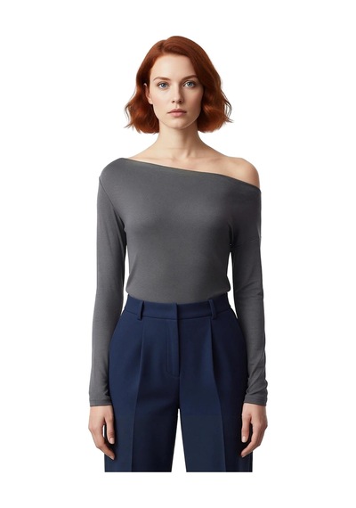 Ersefa Moda Kayık Yaka Örme Slim Çizgili Desen Casual Günlük Regular Uzu Antrasit