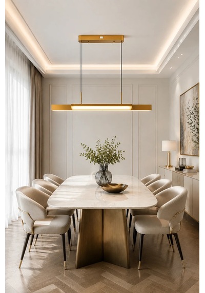 Modern Premium Led Sarkıt Avize Gold Kasa Lineer Yemek Masası Mutfak Ve Salon Avizesi 40w 3 Renk Beyaz
