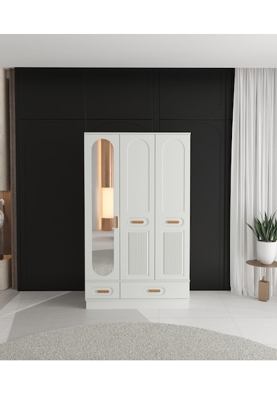 Pera 3 Kapaklı Çekmeceli Bazalı Gardırop - Tamamı Mdf Beyaz Pera 3 Kapaklı Çekmeceli Bazalı Gardırop - Tamamı Mdf Beyaz