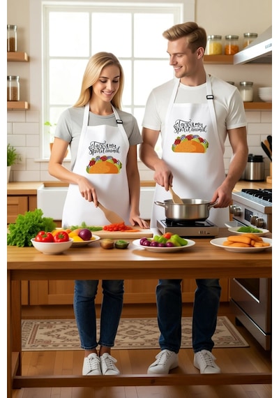 Kadın Unisex Aşçı Önlüğü Taco Baskılı Mutfak Çalışması Rahat Kesi Beyaz