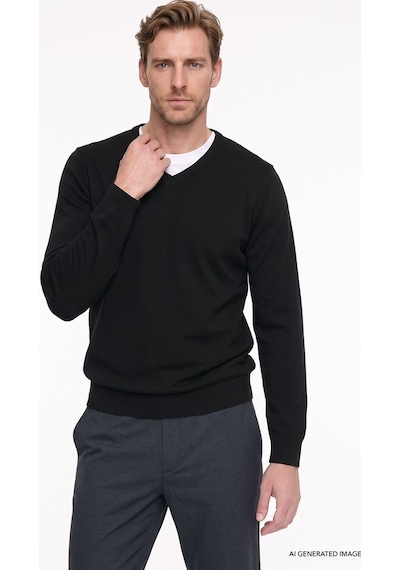 AC&Co / Altınyıldız Classics Erkek Siyah Standart Fit Normal Kesim V Yaka Triko Kazak 4A4923100002SYHXXL Siyah