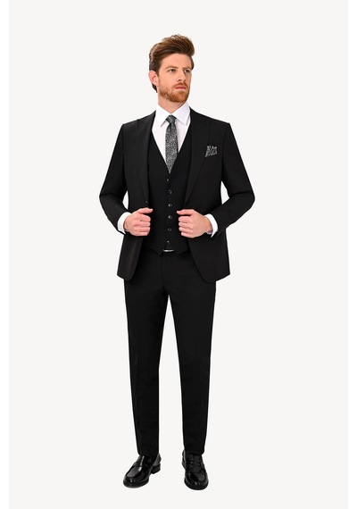 Erkek Siyah Sivri Yaka Yelekli Slim Fit Takım Elbise