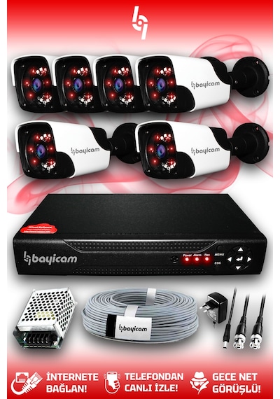 Bayicam 6 Kameralı Panda 6 Dış Kamera Set HDD'siz Full HD Gece Görüşlü Güvenlik Kamerası Sistemi