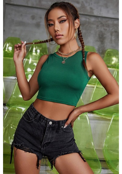 Kadın Yeşil Kare Yaka Crop Top Bluz