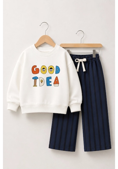 Monila Erkek Çocuk Ekru Slogan Baskılı Sweatshirt Ve Lacivert Çizgili Eşofman Alt Üst Takım