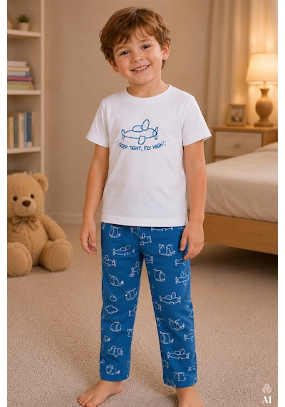 Koza İç Giyim Erkek Çocuk Kısa Kollu Pamuklu Hayvan Desenli Pijama Takımı Kc30102.01 Mavi