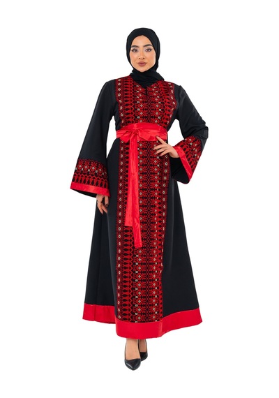 Zaytoon Uzun Kollu Tek Taraflı Nakışlı Kırmızı Kemerli Filistin Elbise C100057 Kırmızı