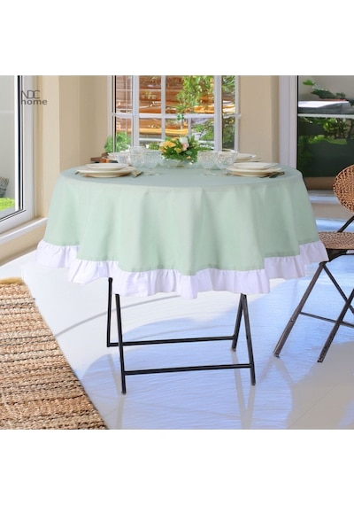 Dnc Home Tekstil  Yeşil Keten Yuvarlak Beyaz Fırfırlı Masa Örtüsü Yeşil