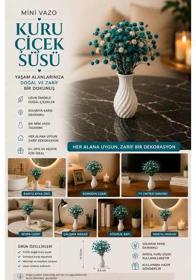 3'lü Mini Vazo Kuru Şoklanmış Çiçek Seti Dekoratif Masa Üstü Ve Ev Süsü Turkuaz