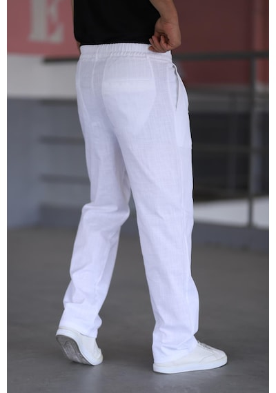 Bürke Çift Pileli Beyaz Renk Beli Yarım Lastikli Kaliteli Rahat Kesim Keten Baggy Pantolon