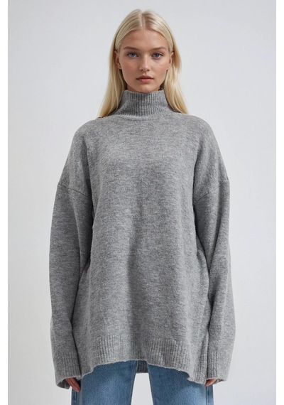Dik Yaka Triko Oversize Kazak 1413 Gri