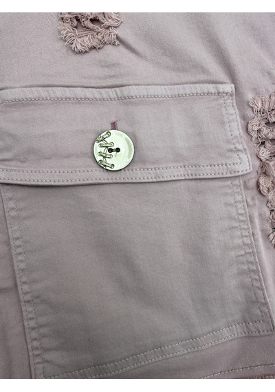Büyük Beden Yakalı Düğme Detaylı Bağcıklı Ön Cepli Denim Kadın Ceket Pembe