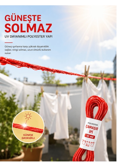 Beylini 2 Adet 10 Mt Polyester Çamaşır İpi Pvc Kaplama Sarkma Yapmaz Balkon Çamaşır Askılığı Çok Amaçlı Kurutma Kırmızı