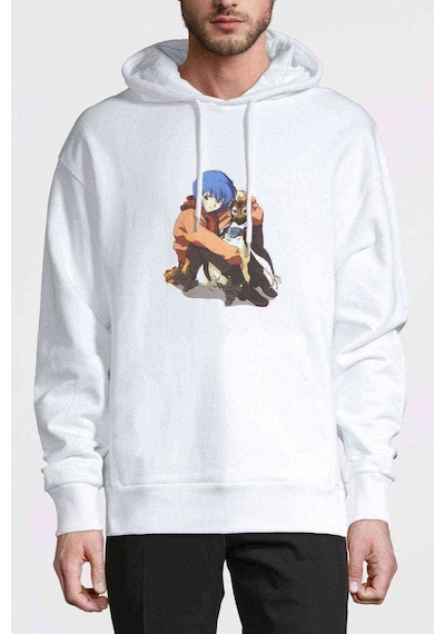Anime Neon Genesis Evangelion Baskılı Beyaz Erkek Kapşonlu Sweat