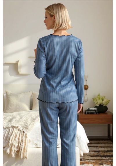 Bella Notte İndigo Pamuklu Fiyonk Detaylı Pijama Takımı Mavi