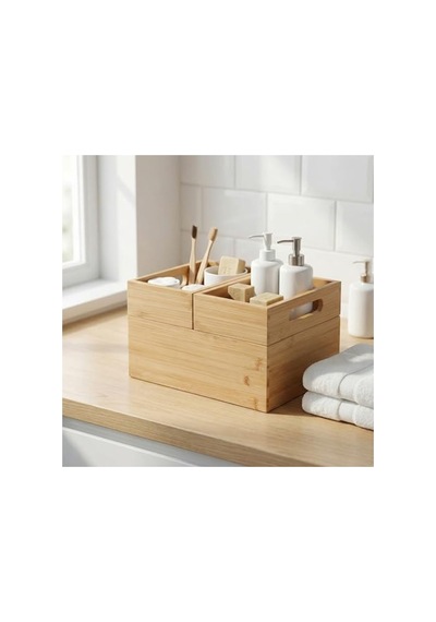3'lü Modüler Bambu Organizer Set, Çok Amaçlı Düzenleyici Açık Bej