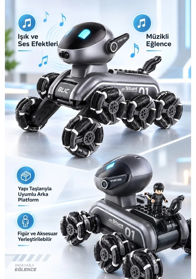 Exenar - Siyah - Uzaktan Kumandalı Akıllı Robot Köpek Oyuncak Jest Kontrollü Drift Yapan Işıklı Sesli Akrobatik Stunt Gümüş