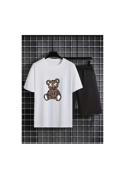 Medinenur Desenli Ayıcık Baskılı T-shirt Short Bol Paça Rahat Kalıp Siyah Alt Siyah Üst Short Takım Beyaz
