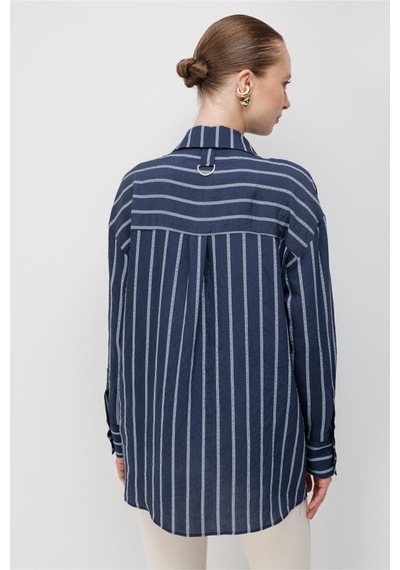 Mizalle Çizgili Oversize Lacivert Viskon Gömlek