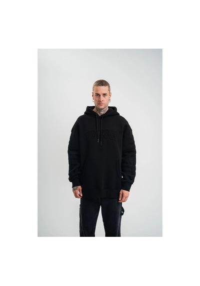 Erkek 3 İplik Pamuklu Oversize Kapüşonlu Nakışlı Hoodie Sweatshirt - Siyah