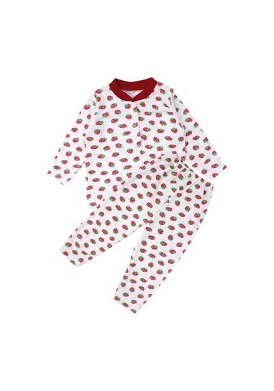 Bebegen Kız Çocuk Ekru Kırmızı Çilek Baskılı Çıtçıtlı Pijama Takımı Çok Renkli