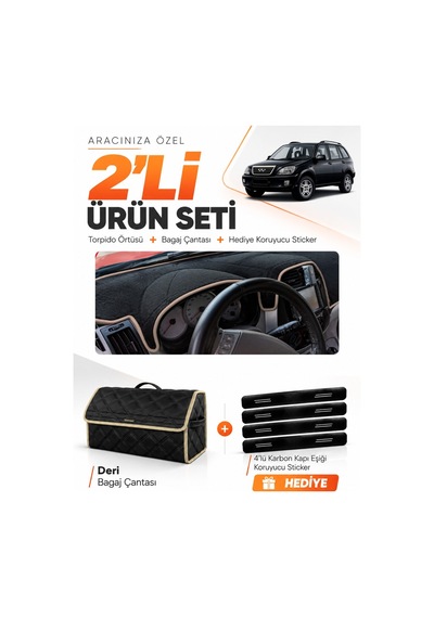 E-biz Chery Tiggo 5 2013-2015 Uyumlu Torpido Örtüsü + Deri Bagaj Çantası Seti - Siyah-bej - Cy001