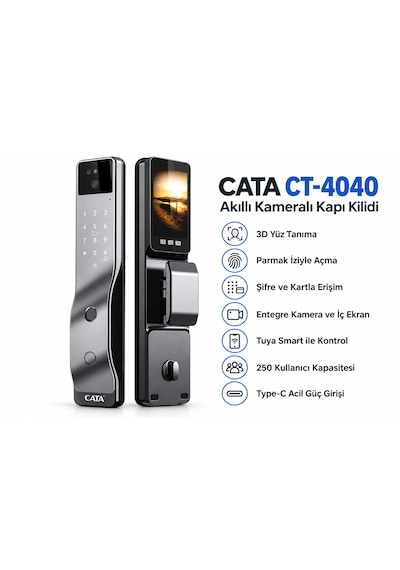 Cata Ct-4040 Akıllı Kameralı Kapı Kilidi 3d Yüz Tanıma, Parmak İzi, Şifre, Kart Ve Tuya Smart Kontrolü