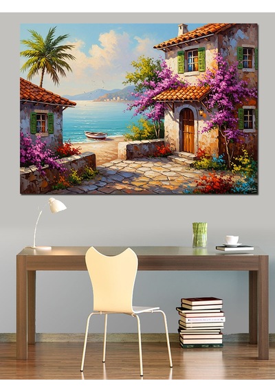 Ahşap Tablo Çiçekli Balkon Ve Deniz Manzaralı Ev