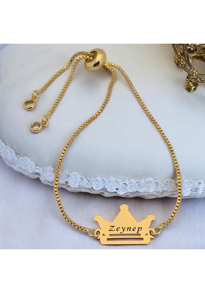 Zeynep İsmine Özel 14 Ayar Altın Plakalı Zincirli Taç Figürlü Hediye Bileklik-492isim Zeynep