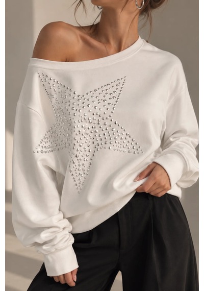 Bb Butik Basic Taşlı Yıldız Detaylı Kayık Yaka Salaş Kadın Bluz Frw34 Beyaz