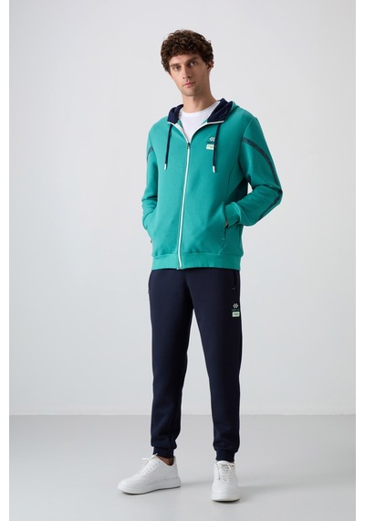 Tommy Life Deniz Yeşili - İndigo Pamuklu Kalın Yumuşak Dokulu Comfort Fit Baskılı Erkek Eşofman Takım - 85236 Lacivert - Yeşil