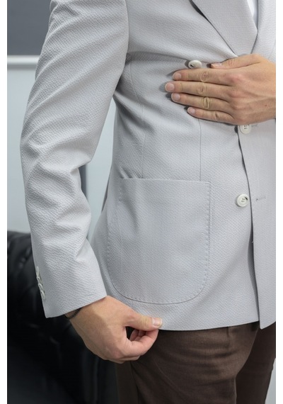Avni Ceylan Verde Dokulu Gofre Kumaş İtalyan Stil Slim Fit Kruvaze Erkek Ceket Gri