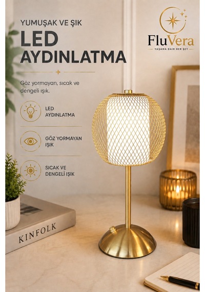 Gold Telli Şarjlı Masa Lambası Kablosuz Led Gece Lambası Usb-c Şarjlı Dekoratif Taşınabilir Lamba Altın