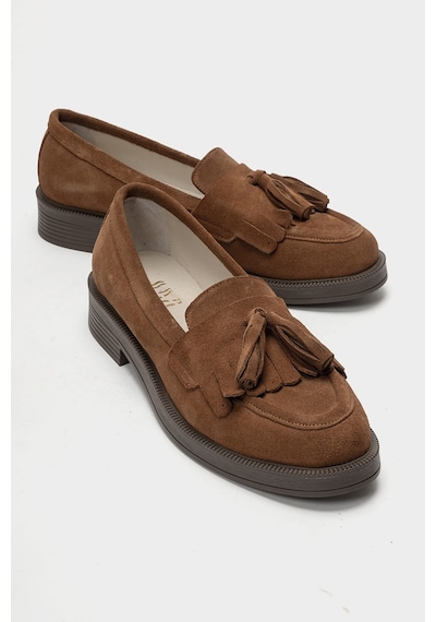 Luvishoes Luvi Shoes Milina Toprak Süet Püsküllü Hakiki Deri Kadın Loafer Ayakkabı Toprak