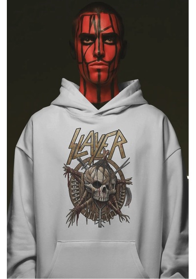 Sevbano Slayer Rock Metal Müzik Grubu Ön Baskılı Unisex Oversize Premium beyaz