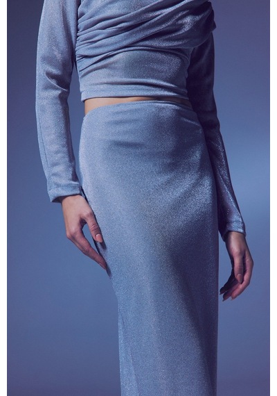 Sateen Simli Midi Etek - Gümüş-135387 Gümüş
