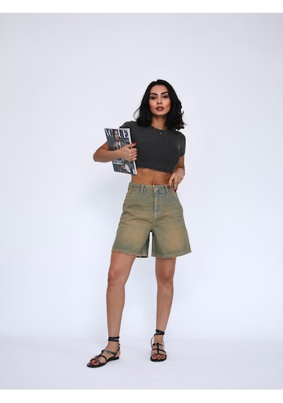 Tint Wash Denim Mini Şort Bej+Yeşiltint