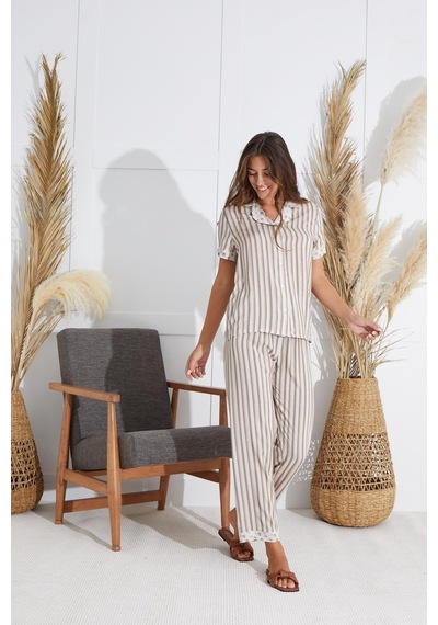 Sevim Kadın Kısa Kol Gömlek Yaka Önden Düğmeli Bej Pijama Takım C9t2n551 001