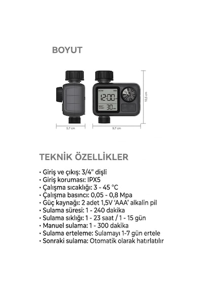Akıllı Bahçe Sulama Dijital Su Zamanlayıcısı - Lcd Ekranlı, Ipx5 Su Geçirmez, Hassas Ayarlı