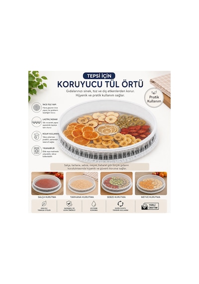 75 75 Tepsi Koruyucu Tül Örtü Lastikli Yıkanabilir Beyaz