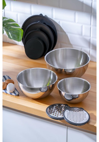 Pratikşef 9 Parça Rendeli Karıştırma Ve Saklama Kabı Paslanmaz Çelik Blender Uyumlu 16-20-24 Cm Gümüş