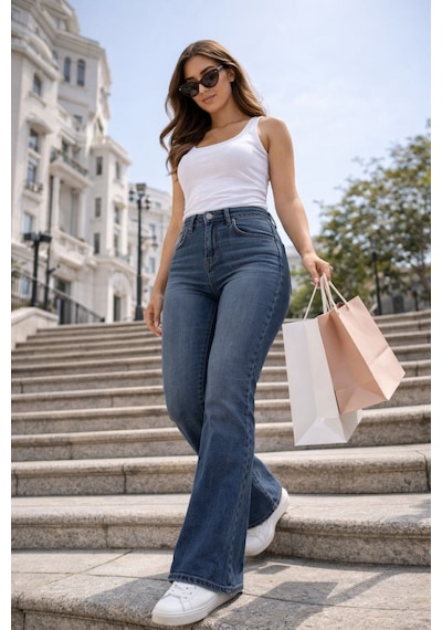 Cedy Denim Cedy Denım Yüksek Kalite Kadın 5 Cep Düşük Bel İspanyol Paça Skinnyfit Esnek Jean Pantolon C619 Mavi
