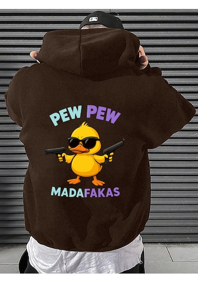 Uyguntarz Unisex Pew Pew Karikatur Baskılı Tasarım Oversize Sweatshirt Kahverengi
