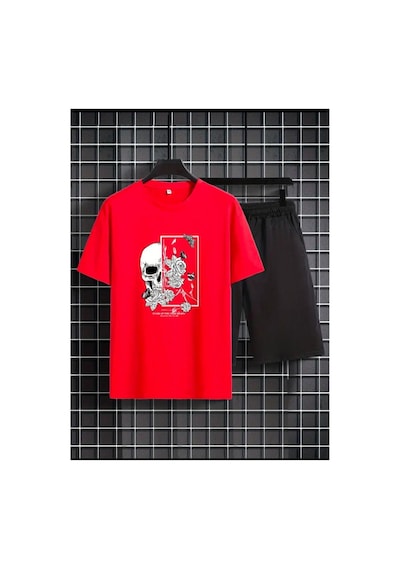 Medinenur Kuru Kafa Baskılı T-shirt Short Bol Paça Rahat Kalıp Siyah Alt Siyah Üst Short Takım Kırmızı