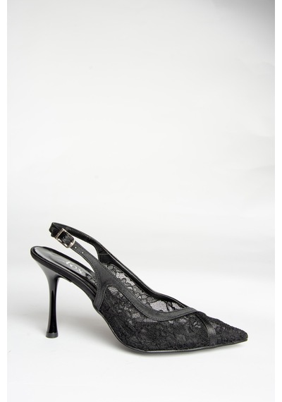 Fox Shoes U246229006 Siyah Dantel Kumaş İnce Topuklu Kadın Abiye Ayakkabı Siyah