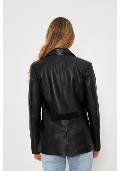 M M Marki Marki Kadın Hakiki Deri Blazer Ceket - Siyah, Düğme Kapamalı, Fit Kesim, 67 Cm - 116722