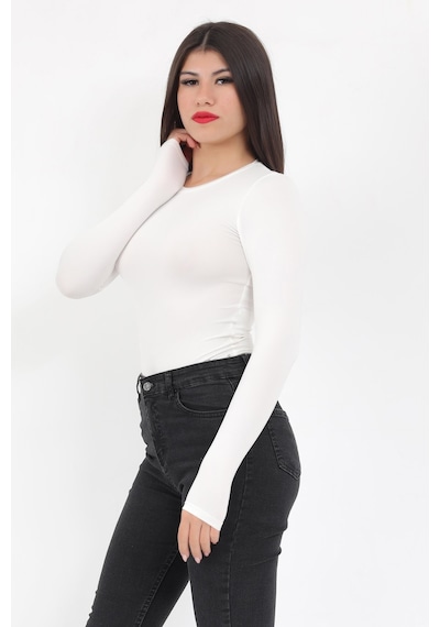 Giysa Kadın Ekru Bisiklet Yaka Uzun Kollu Esnek Çıtçıtlı Body Zıbın - 2439 Ekru
